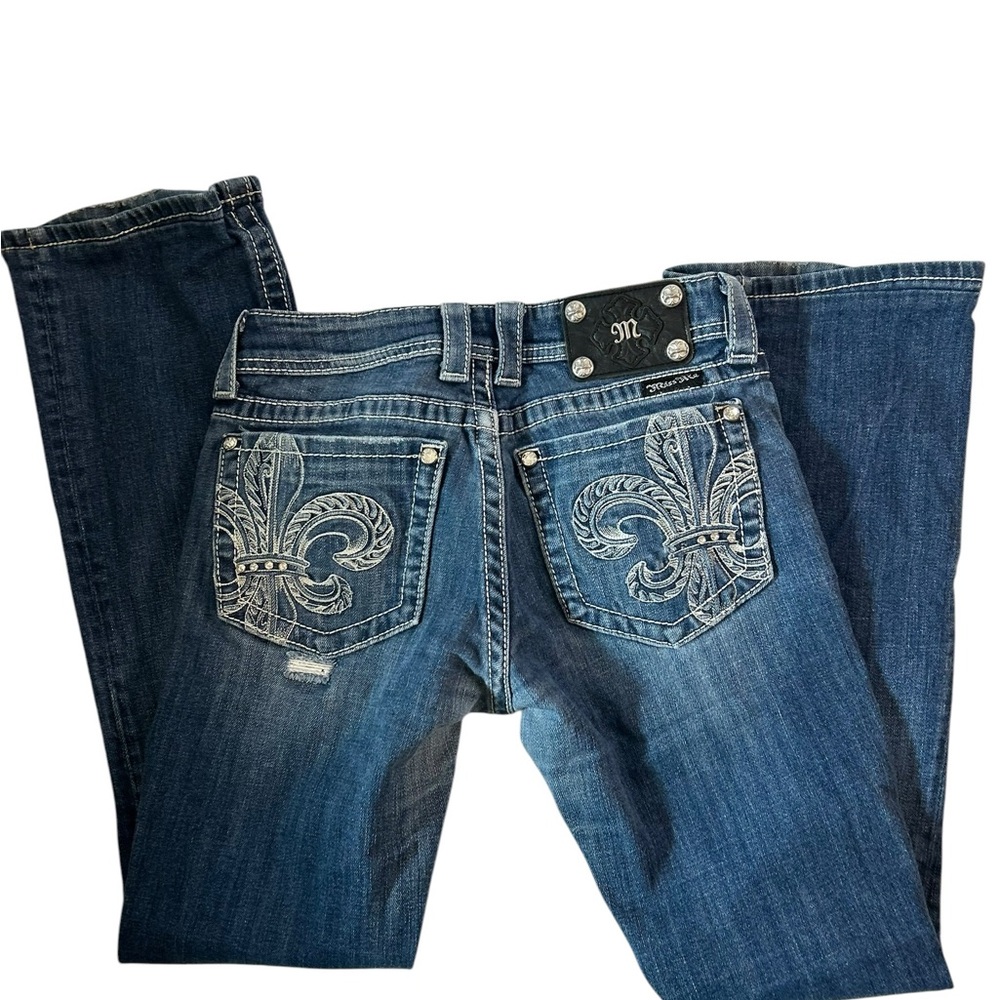 Miss Me Fleur De Lis Embroidered Bootcut Jeans Womens Blue Medium Wash
